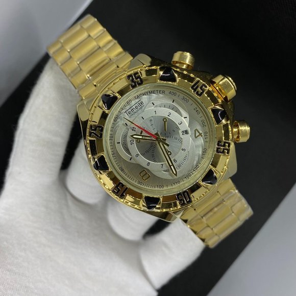 Men'sGold Color Military Watch Large Dial All Stainless Steel Night Light Poin